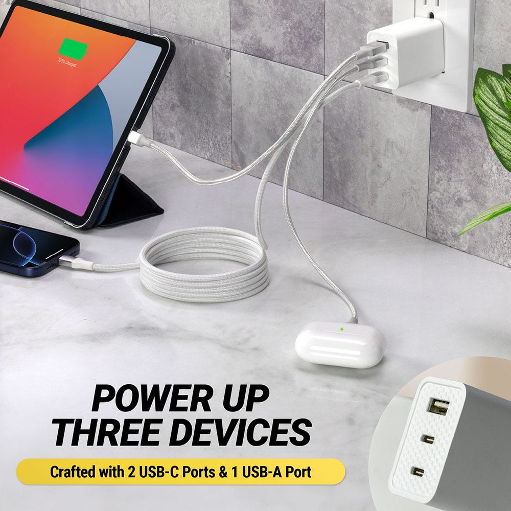 Power up three devices. Crafted with 2 USB-C ports and 1 USB-A port