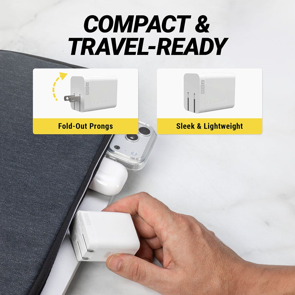 Compact and travel ready. Fold out prongs. Sleek and lightweight.