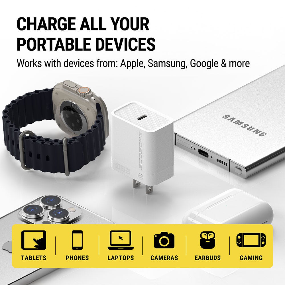 Charge all your portable devices. Works with devuces from Apple Samsung Google and more. Works with tablets phones laptops cameras earbuds gaming systems