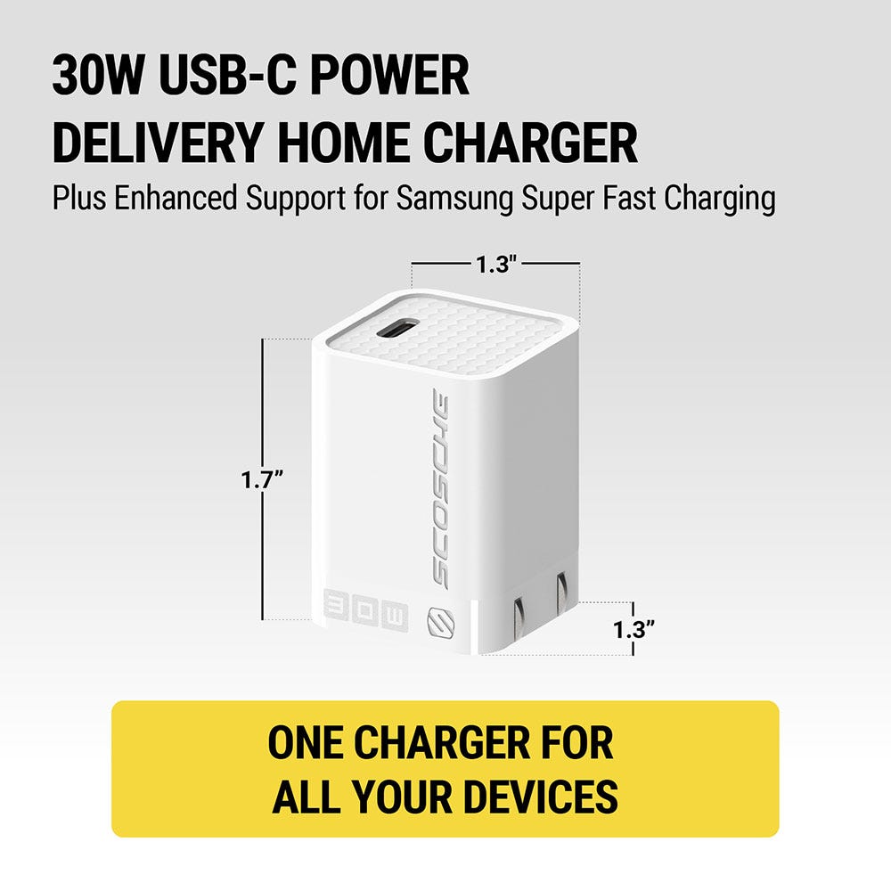 30W USB-C power delivery home charger. Plus enhanced support for Samsung Super Fast Charging. One charger for all your devices. Measures 1.7 x 1.3" x 1.3"."