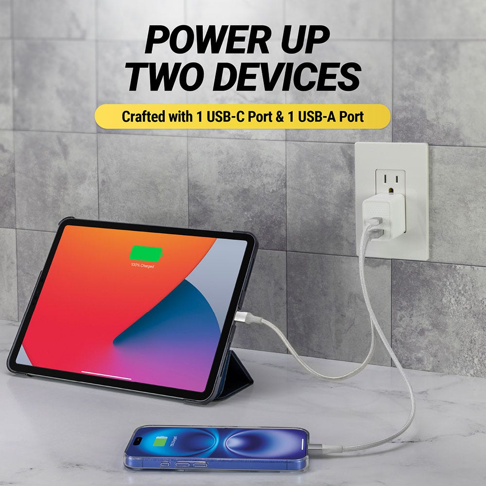 Power up two devices. Crafted with 1 USB-C port & 1 USB-A port.