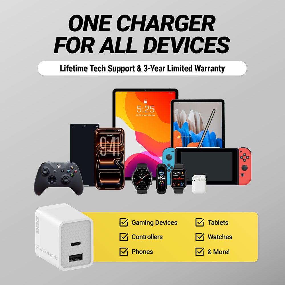 One charger for al devices Lifetime Tech support and 3-Year limited warranty. Gaming devices controllers phones tablets watches and more.