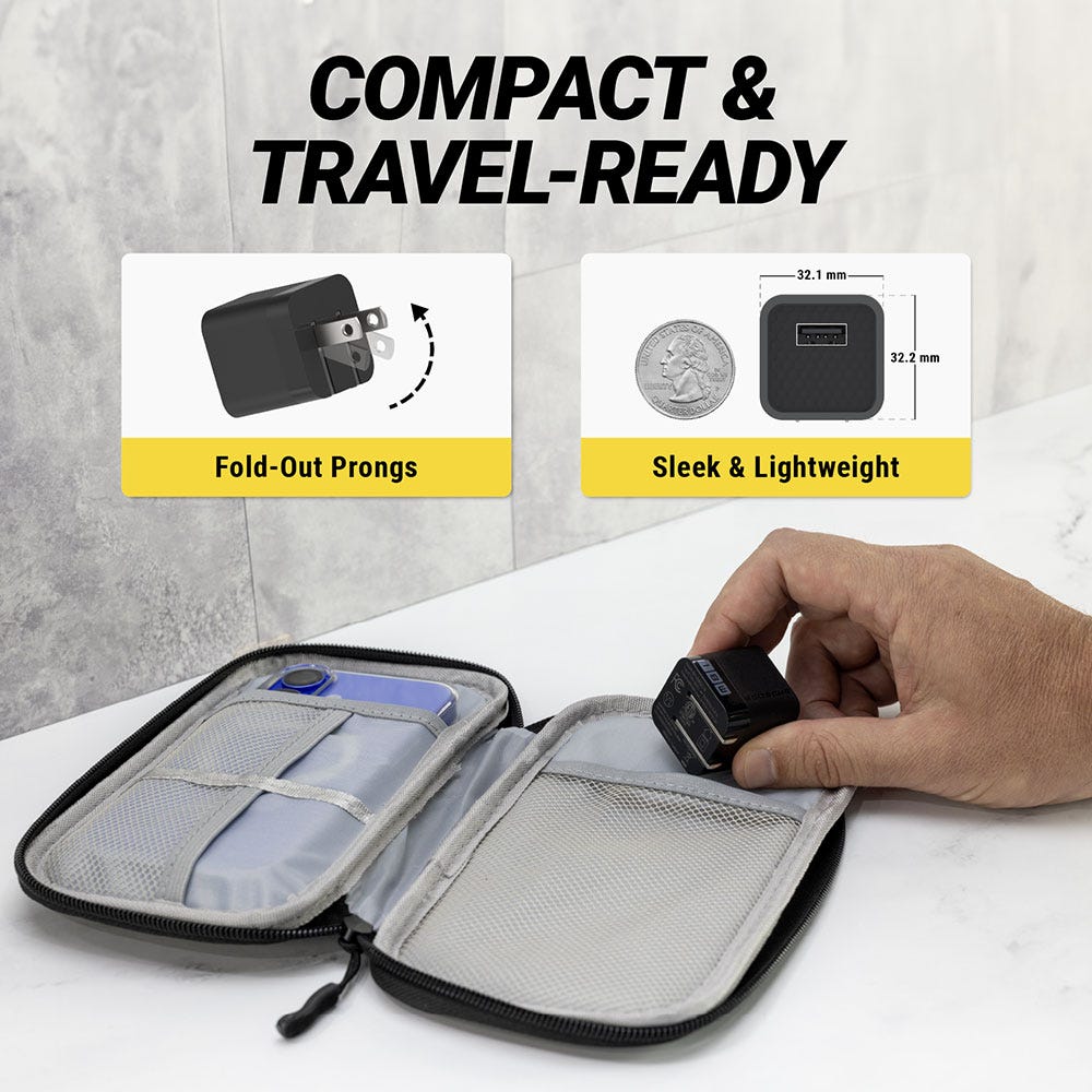 Compact and travel-ready. Fold out prongs. Sleek and lightweight. Measures 32.1mm by 32.2mm.