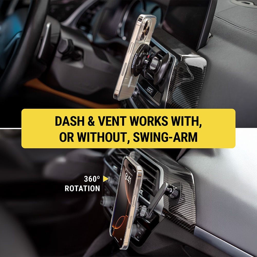 Dash and vent works with or without swing-arm. 360 degree rotation