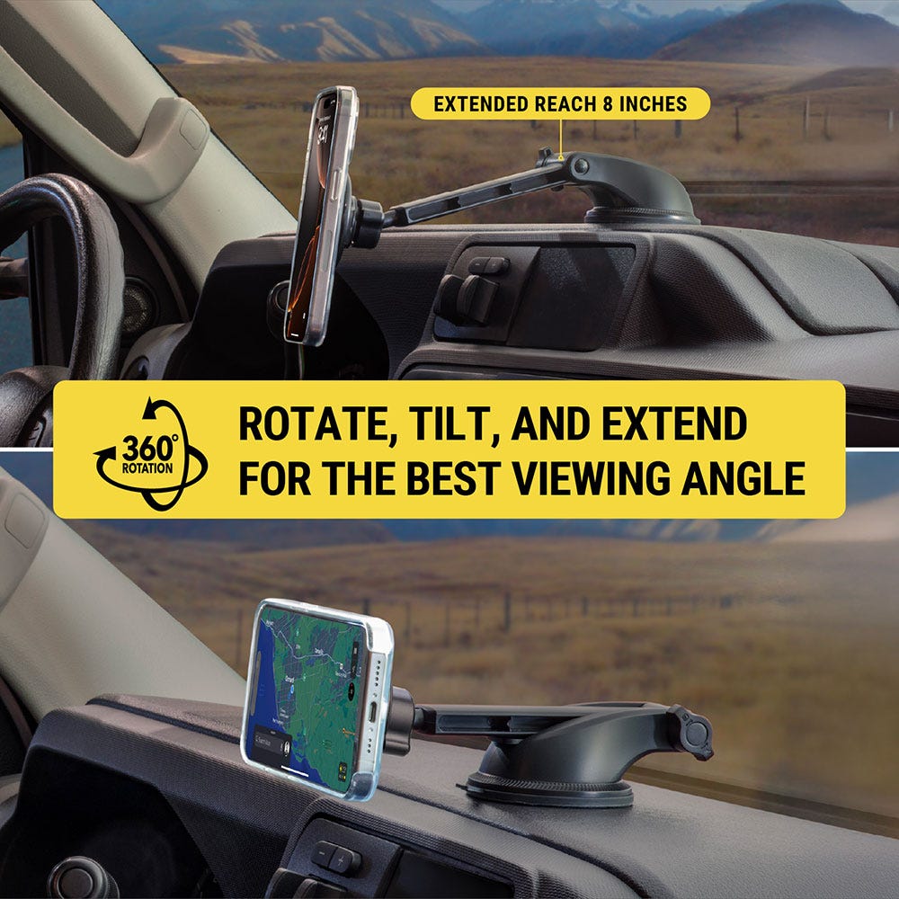 Extended reach 8 inches. 360 degree rotation. Rotate tilt and extend for the best viewing angle.