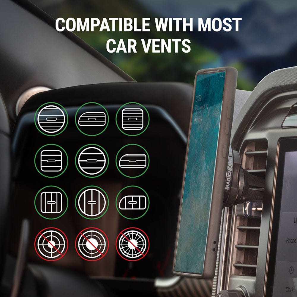 Compatible with most horizontal or vertical car vents but not circular