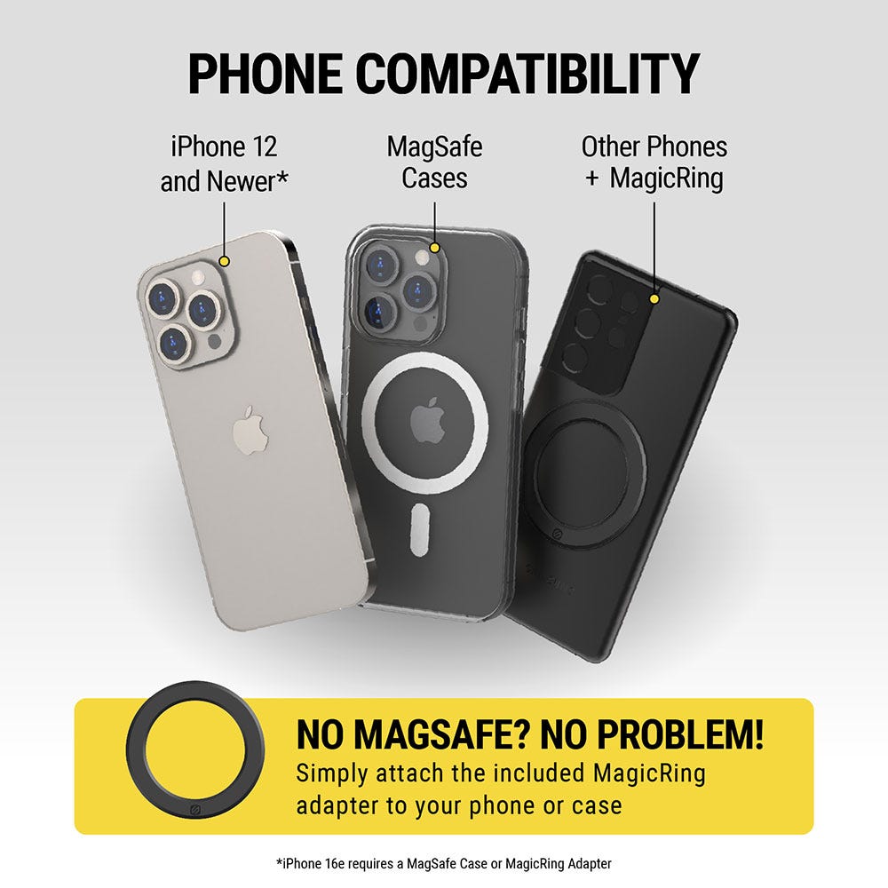 Phone Compatibility - iPhone 12 and newer MagSafe case other phones + MagicRing. No MagSafe? No Problem! Simply attach the included MagicRing adapter to your phone or case. iPhone 16e requires a MagSafe case or MagicRing adapter