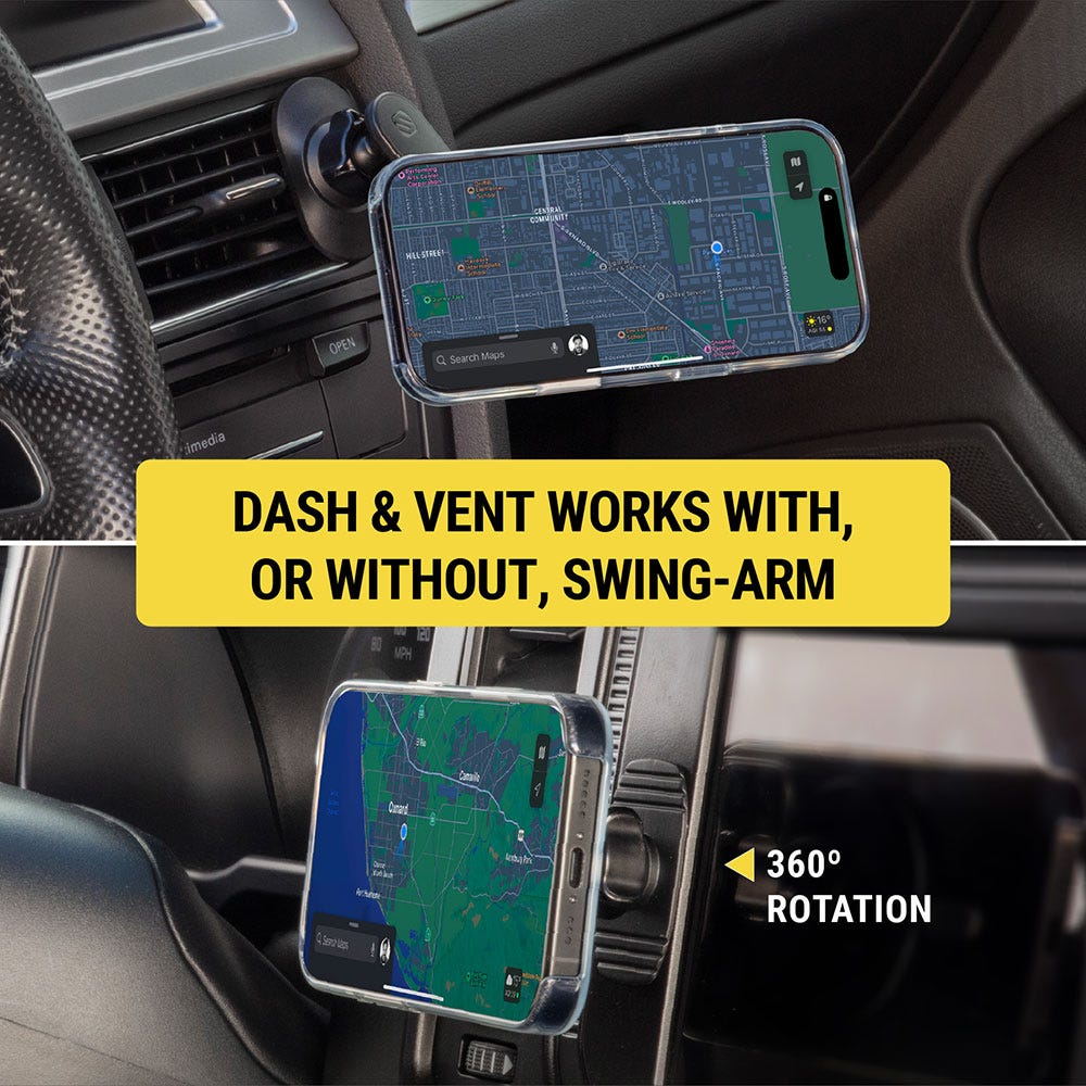 Dash and vent works with or without swing-arm. 360 degree rotation