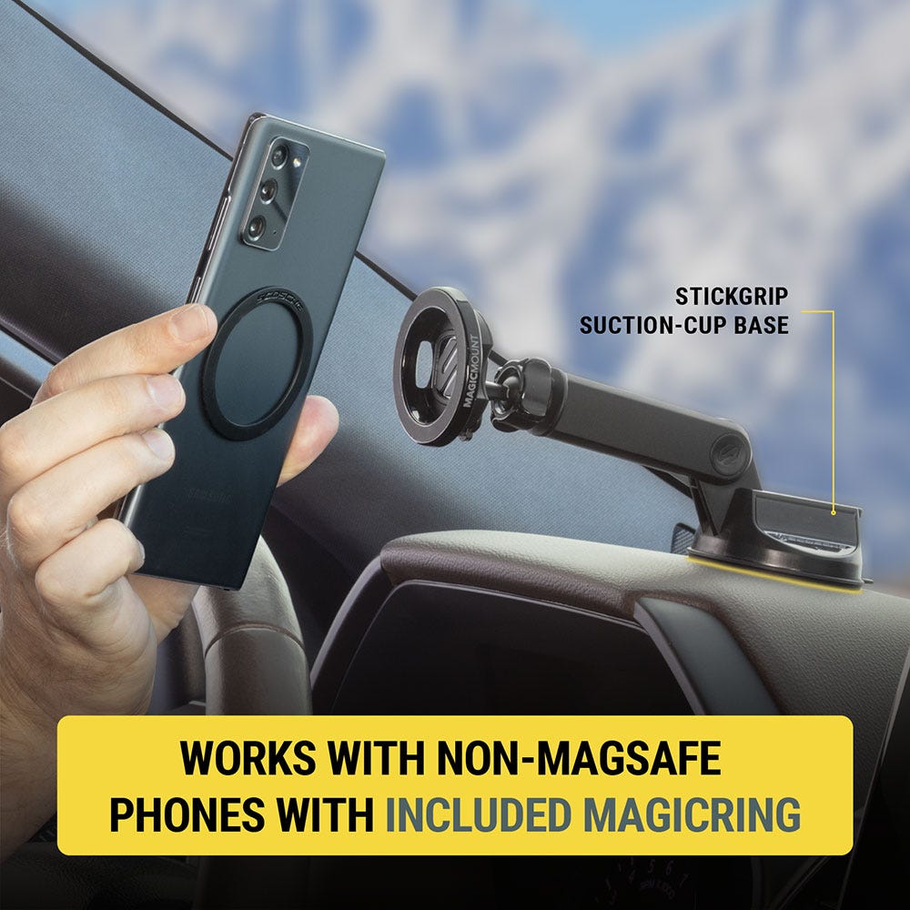 StickGrip suction cup base. Works with non-MagSafe phones with included MagicRing.