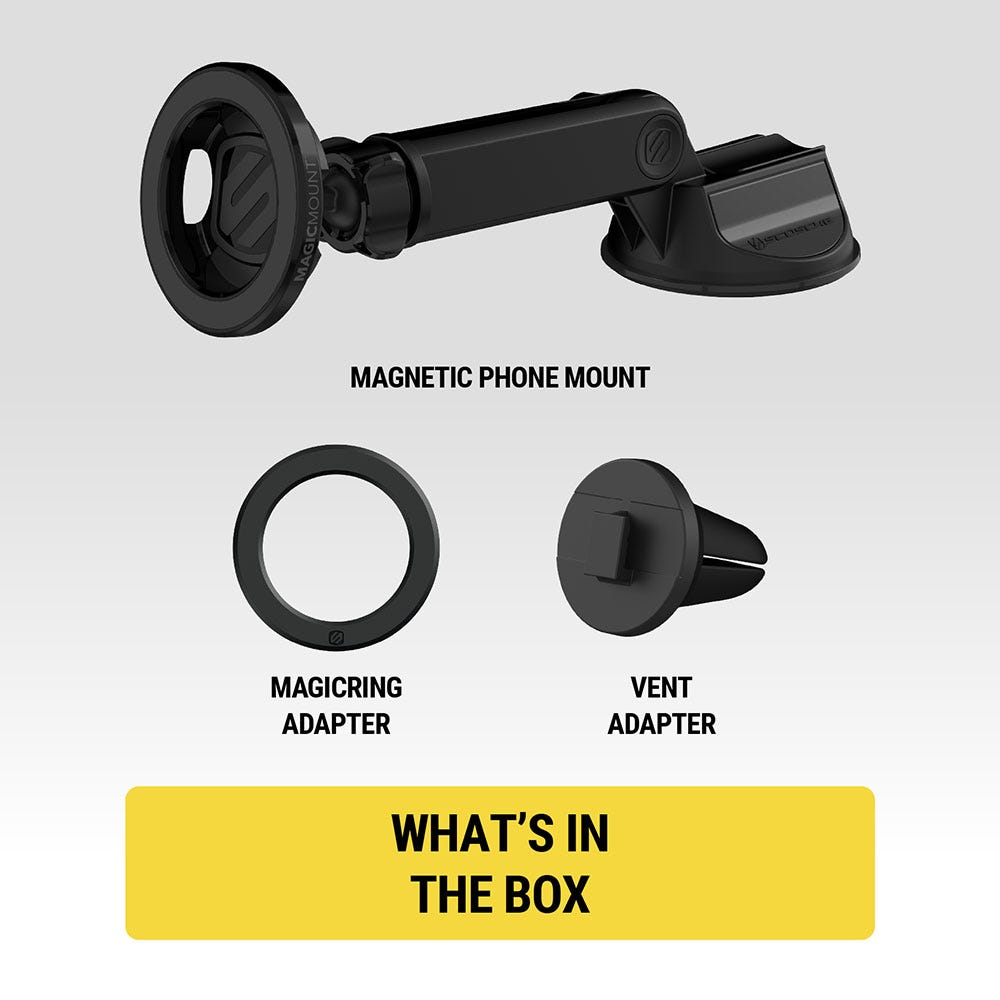 What is in the box? Magnetic phone mount MagicRing adapter vent adapter.