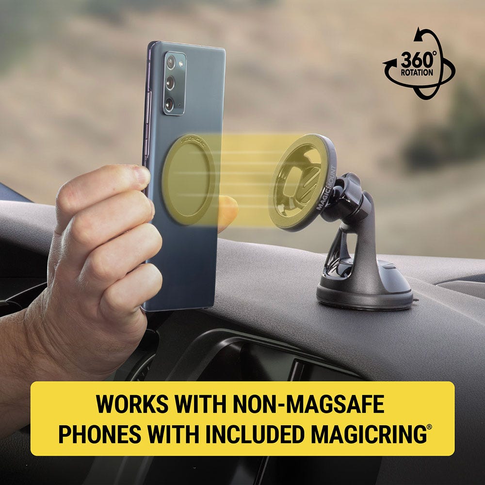 360 degree rotation. Works with non-MagSafe phones with included MagicRing