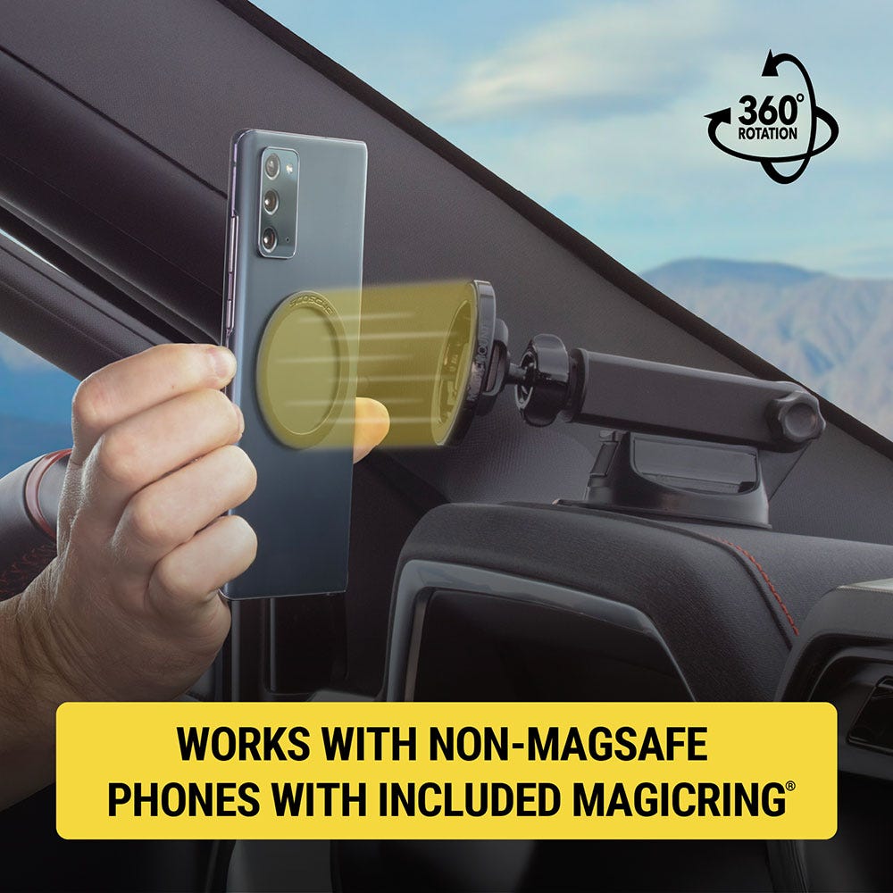 360 degree rotation. Works with non-MagSafe phones with included MagicRing