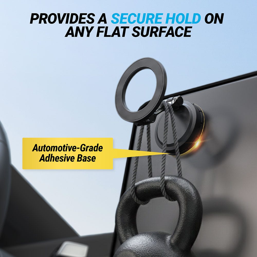 Provides a secure hold on any flat surface. Automotive-grade adhesive base.