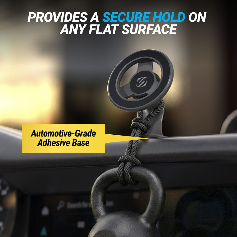Provides a secure hold on any flat surface. Automotive-grade adhesive base.