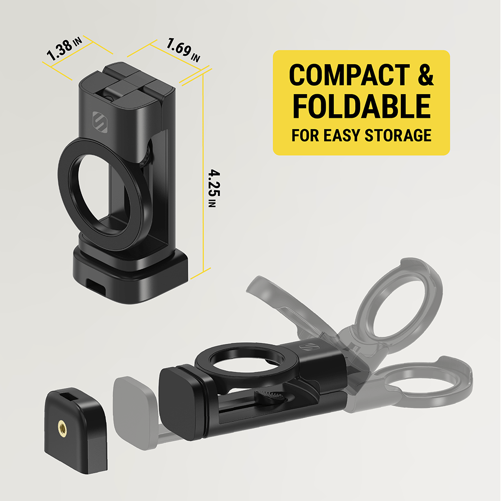 Compact and foldable for easy storage. Measures 1.38 inches by 1.69 inches by 4.25 inches.