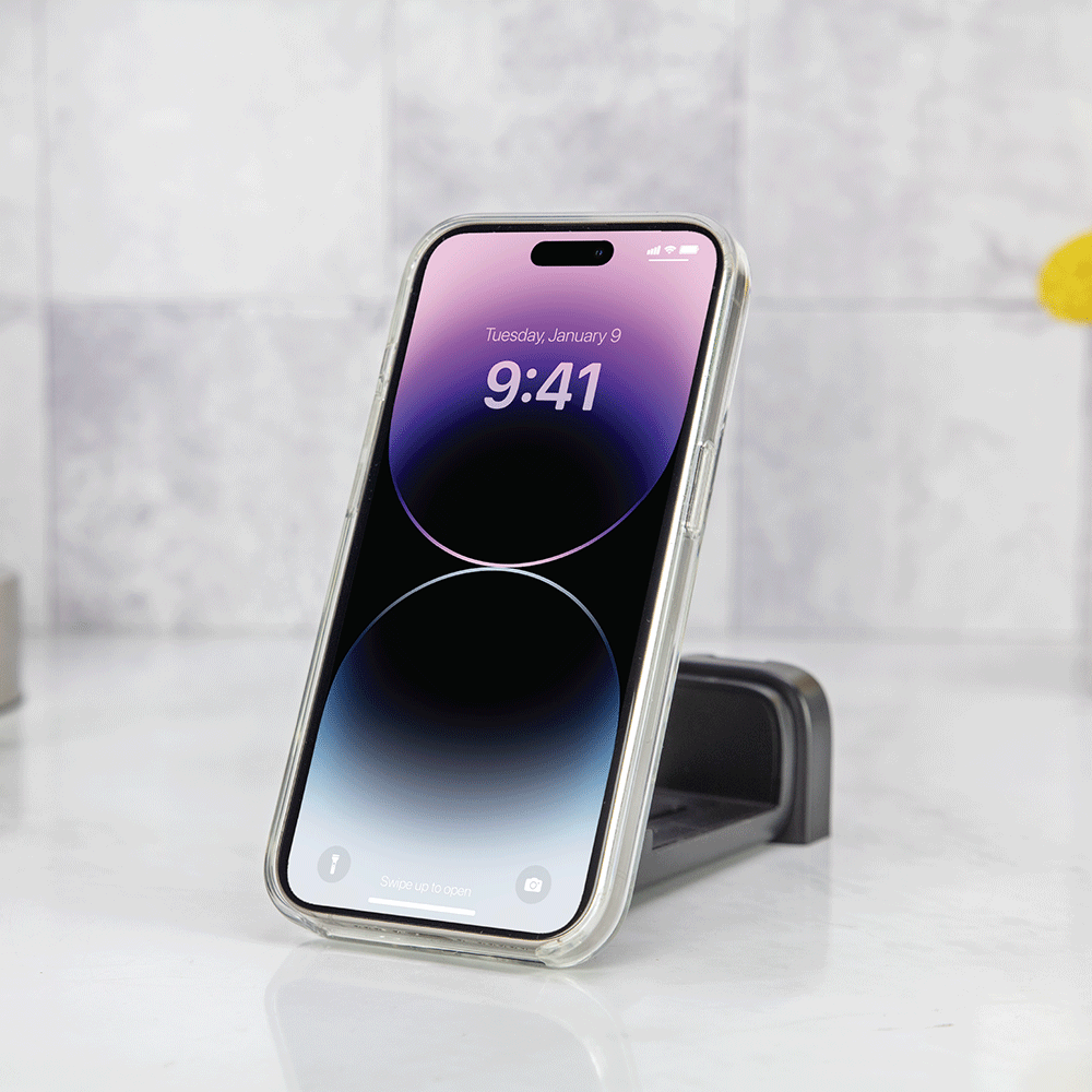 MagSafe Compatible Folding Phone Mount holding iphone on countertop