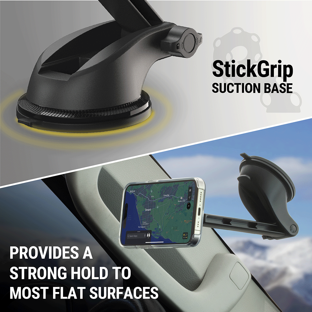 StickGrip suction base provides a strong hold to most flat surfaces