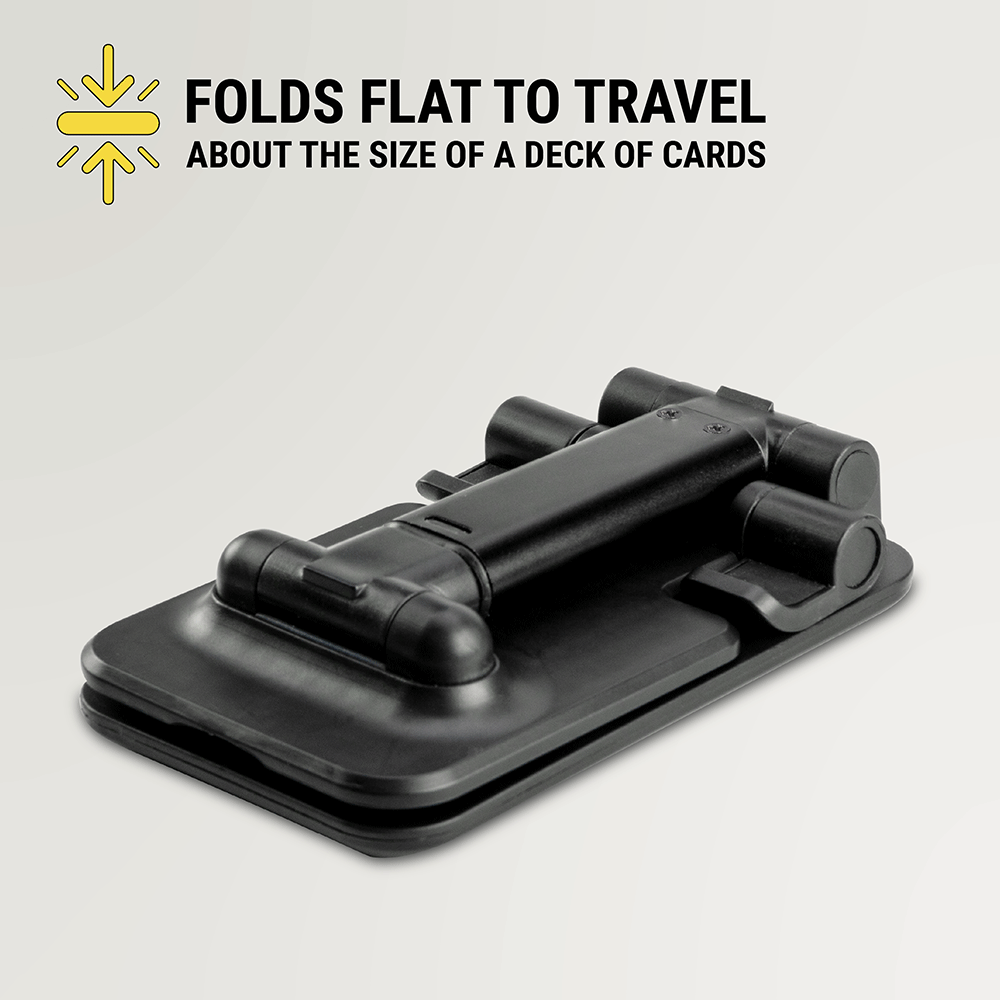 Folds flat to travel. About the size of a deck of cards