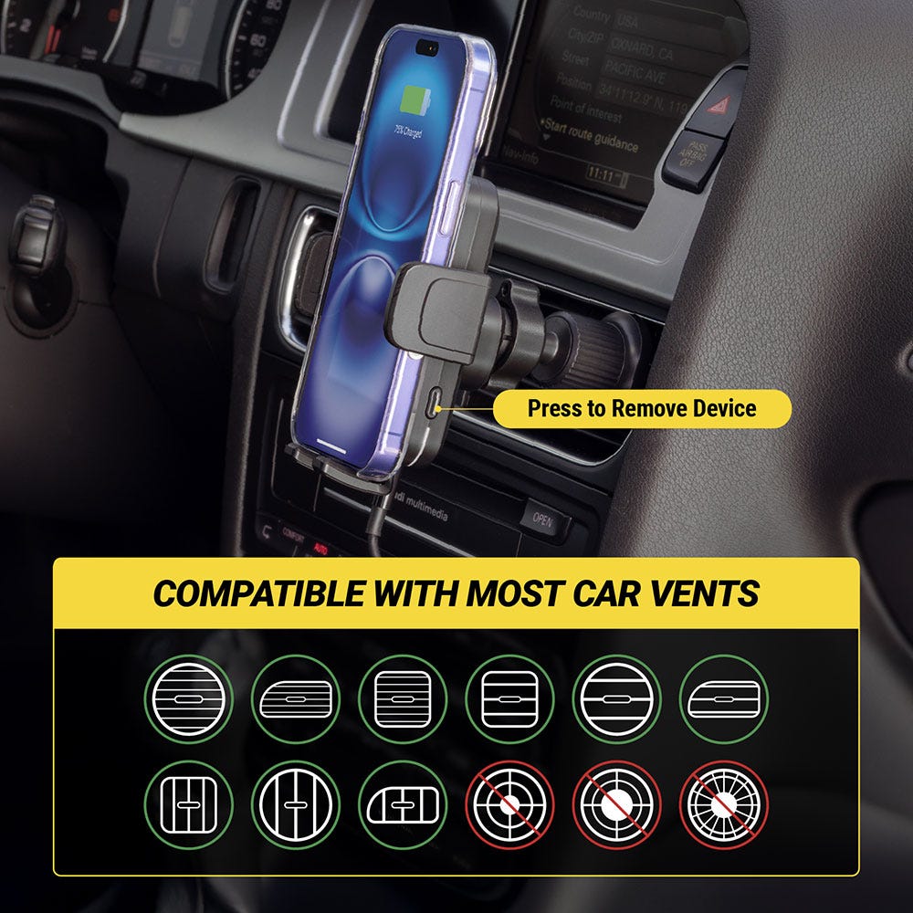 Compatible with most vertical and horizontal car vents but not circular. Press to remove device.