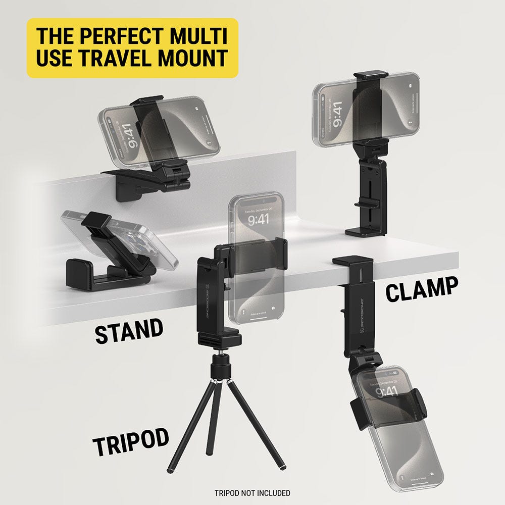 The perfect multi-use travel mount - stand clamp tripod. Tripod not included.