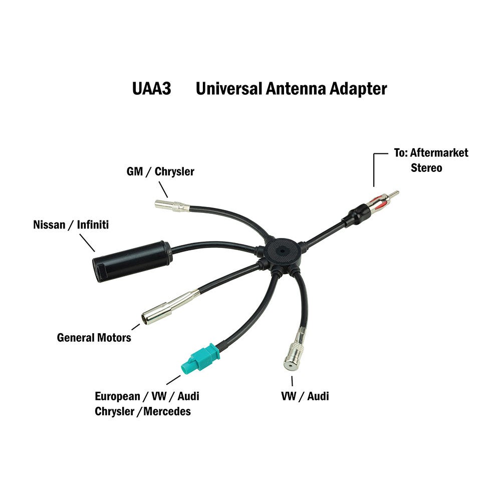 UAA3 - Universal Antenna Adapter. Connectors for: GM/Chrysler Nissan/Infiniti General Motors European/VW/Audi/Chrysler/Mercedes VW/Audi. To: Aftermarket stereo.