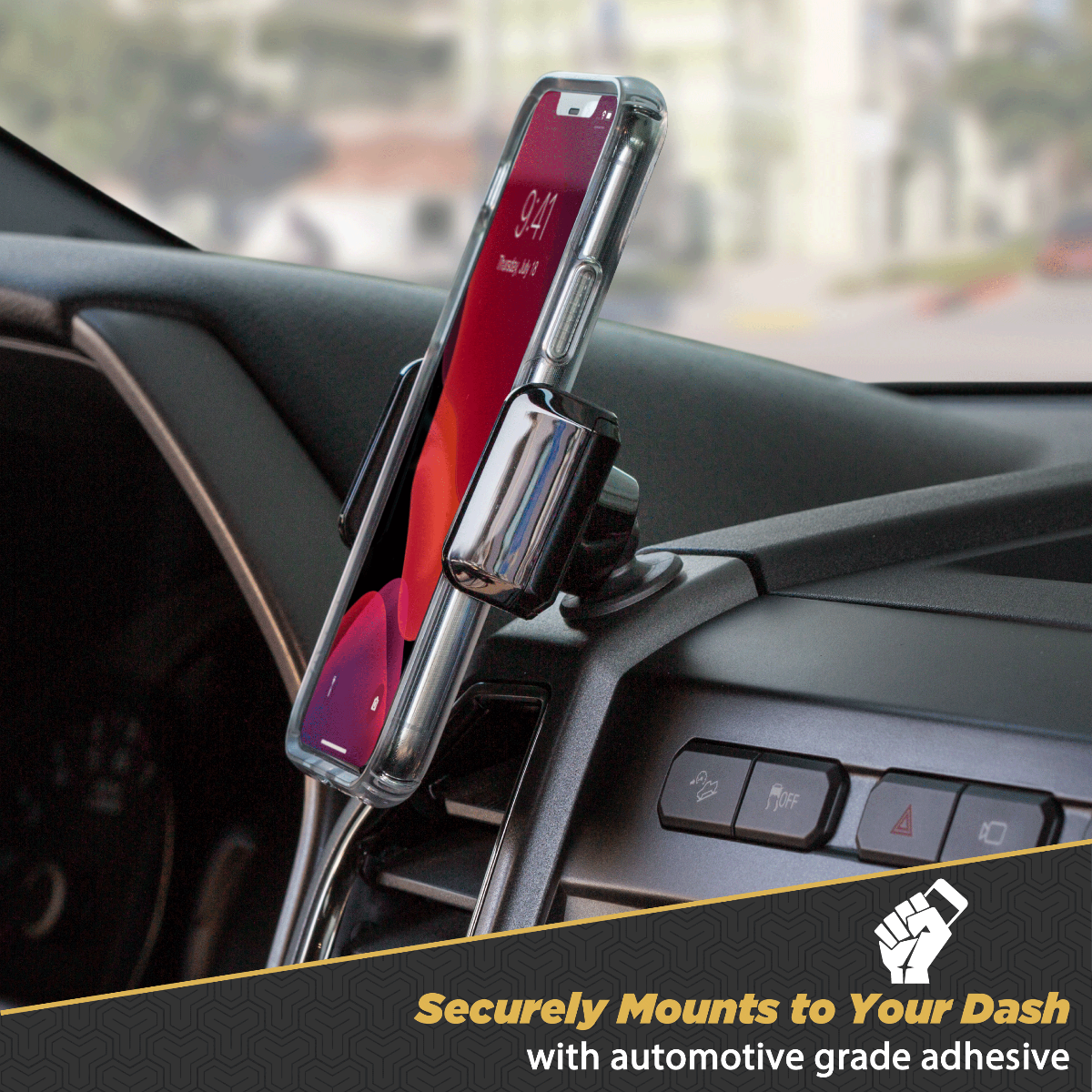 Securely mounts to your dash with automotive grade adhesive