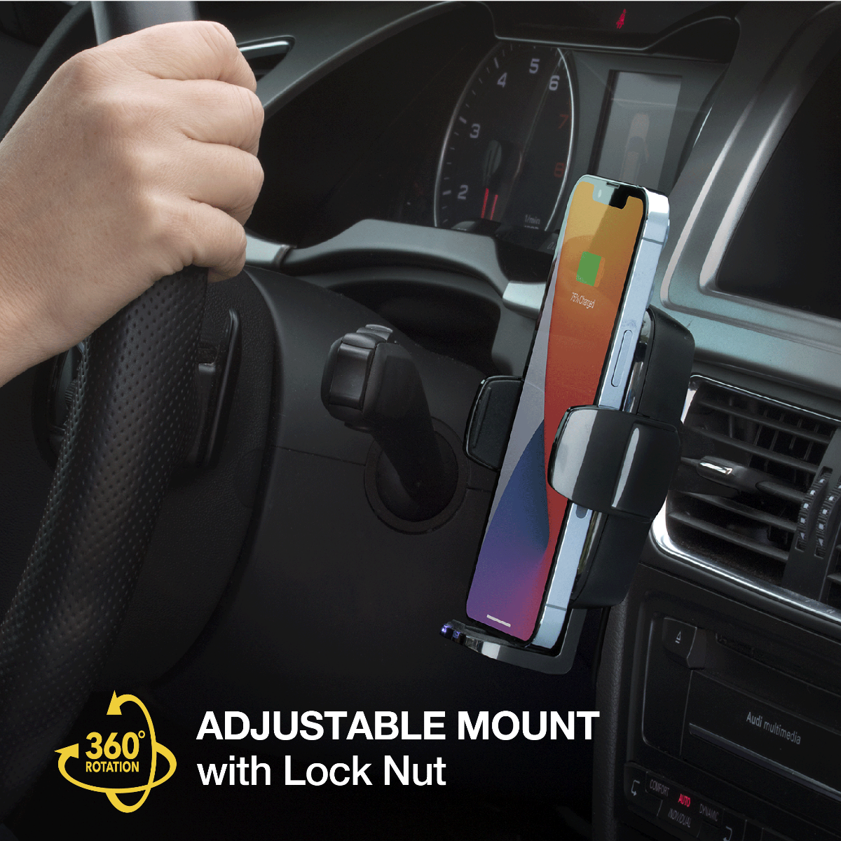 360 degree rotation. Adjustable mount with lock nut.
