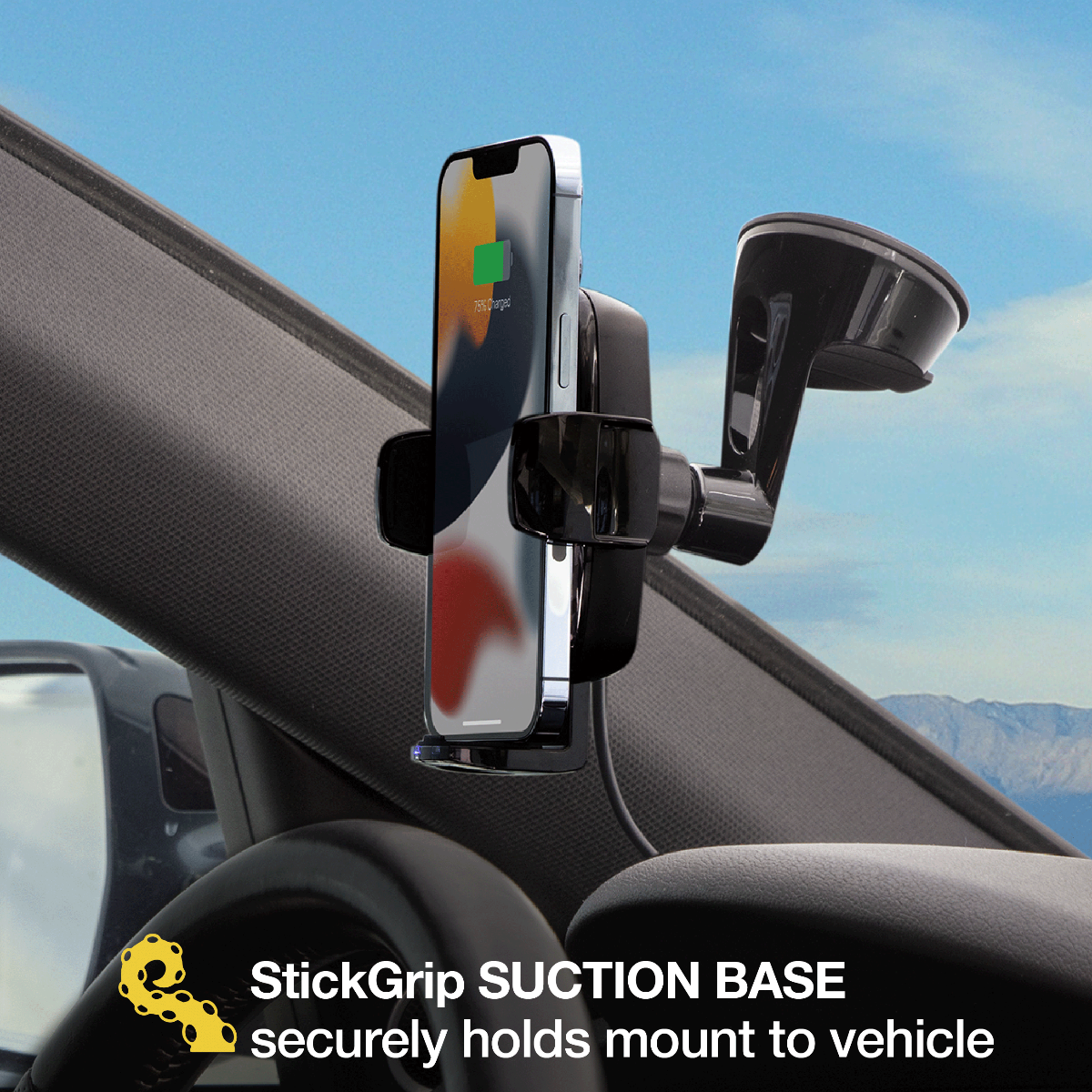 Stick Grip suction base securely holds out to vehicle.