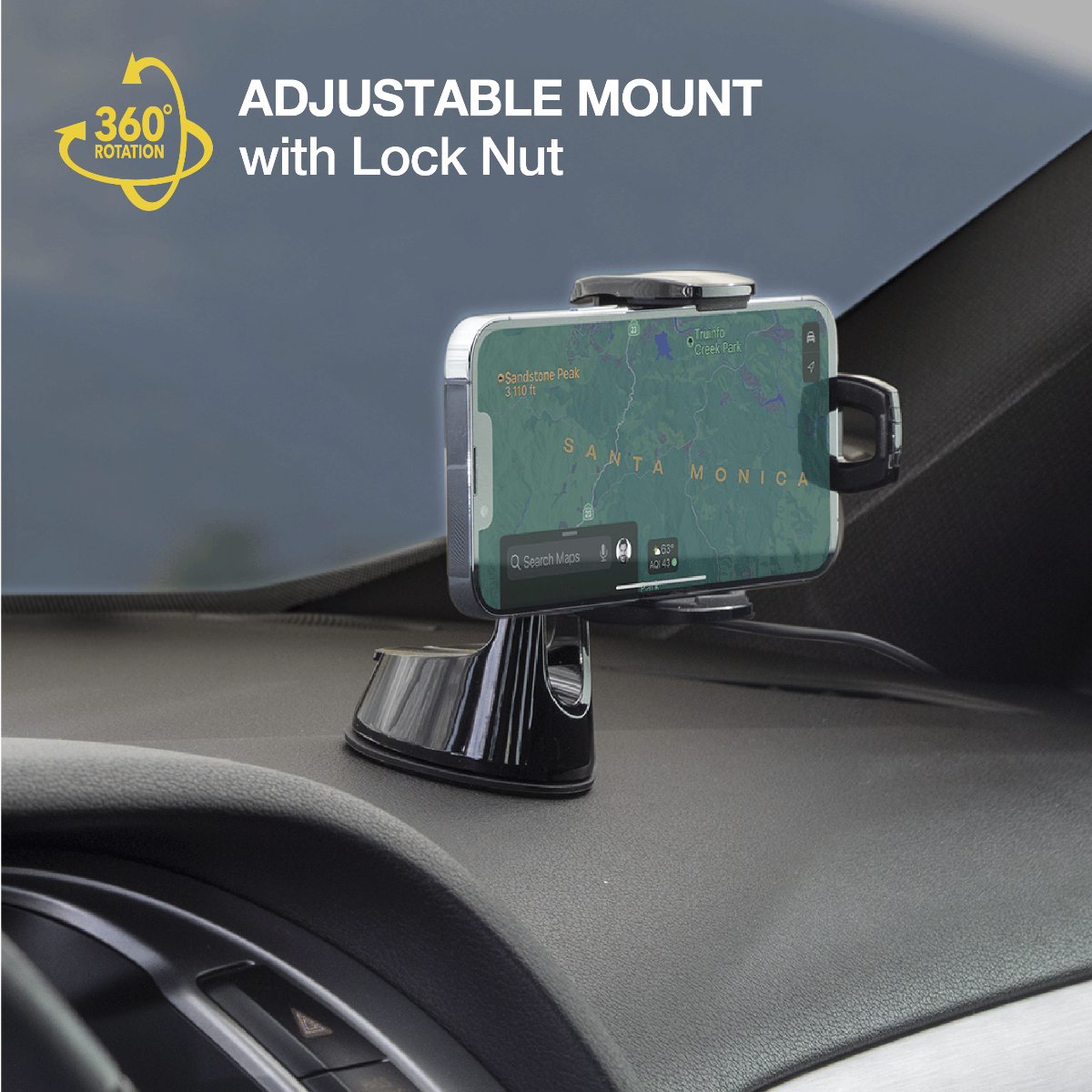 360 degree rotation. Adjustable mount with lock nut