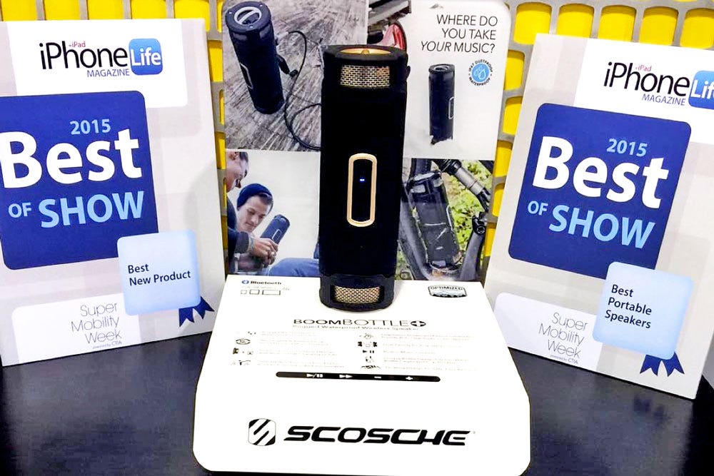 Scosche wireless speaker placed on facts sheet next to awards for iPhone and iPad Life Magazine 2015 Best of Show Best New Product and Best Portable Speakers