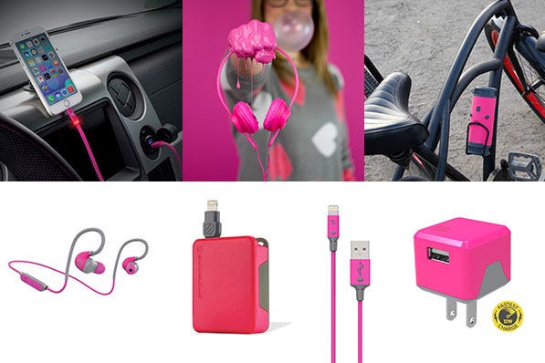 composite image of: iphone charging in car via pink charging cable, woman holding pink headphones, pink wireless speaker in bike holder, pink and gray wireless earbuds, pink roll up charging cable, pink USB to Lightning cable, and pink USB wall charger