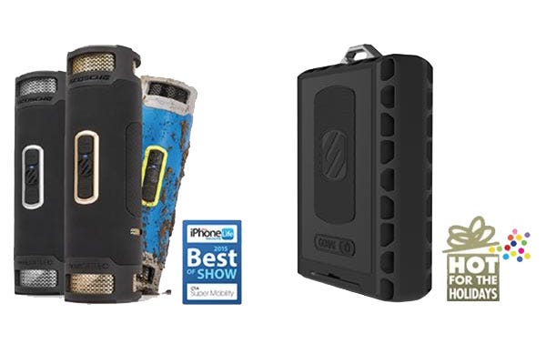 portable wireless speaker with icon for 2015 Best of Show award and back up battery with icon of Hot for the Holidays award