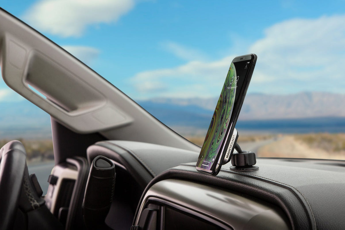 phone mounted to car dash