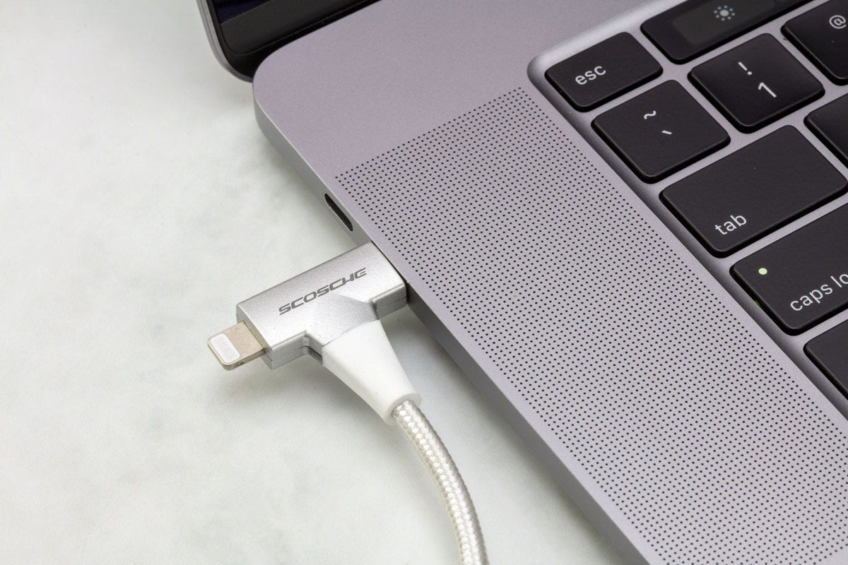 laptop connected to silver colored hammer head USB-C cable