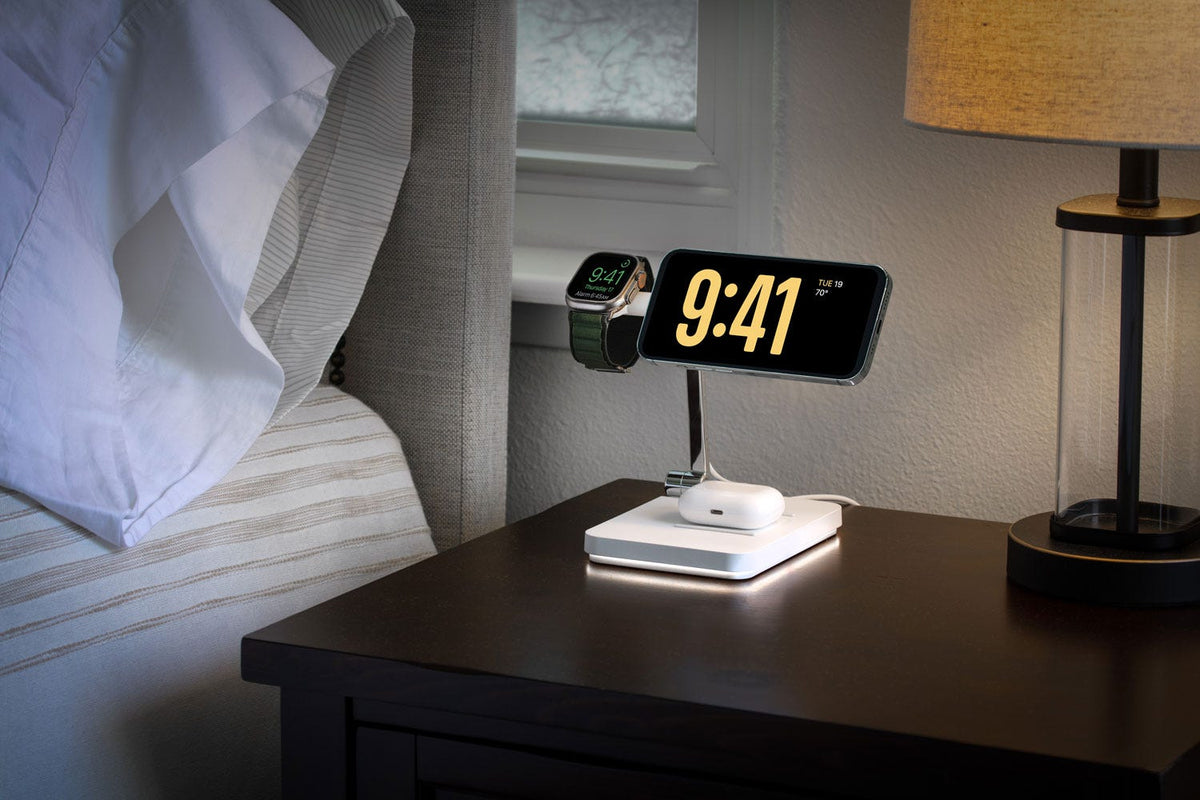 Magnetic wireless charging stand charging apple watch, iphone15 and Airpods on nightstand in bedroom