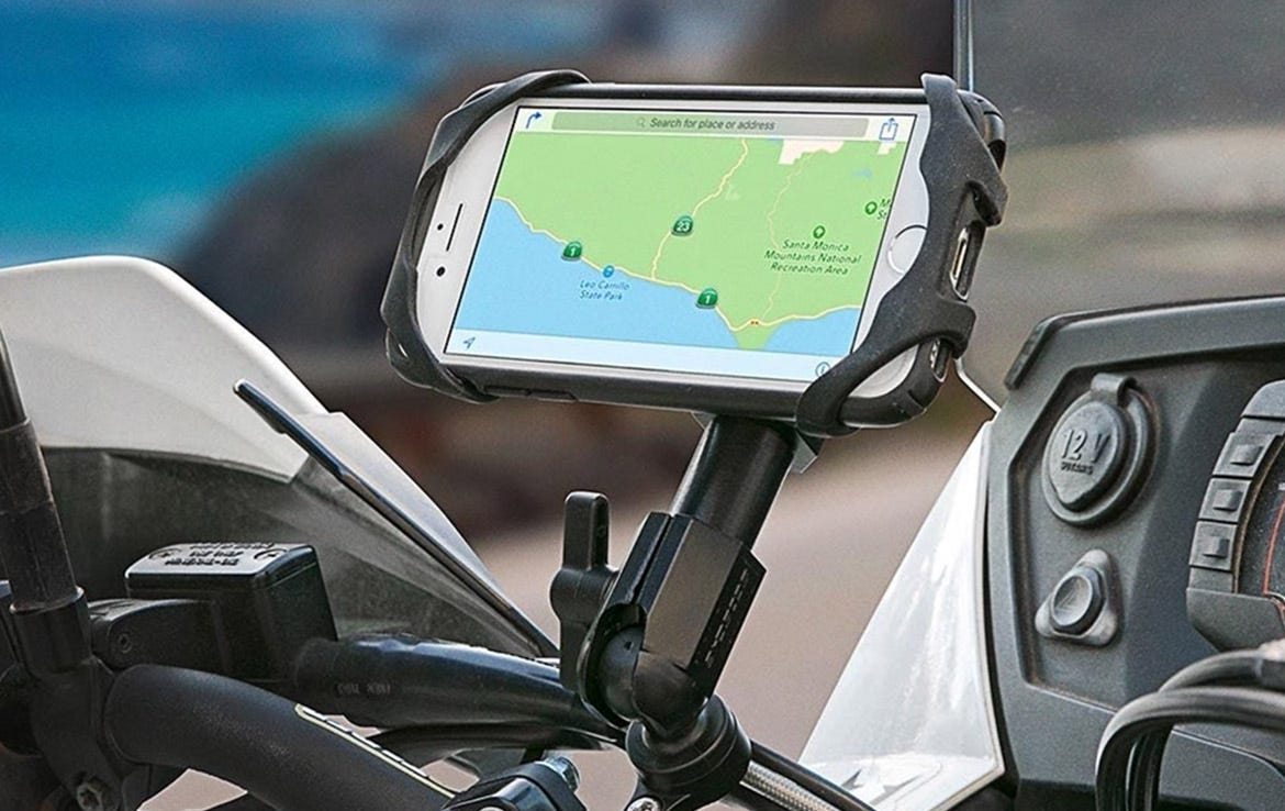 iphone mounted to motorcycle handlebar using Scosche handlebar mount