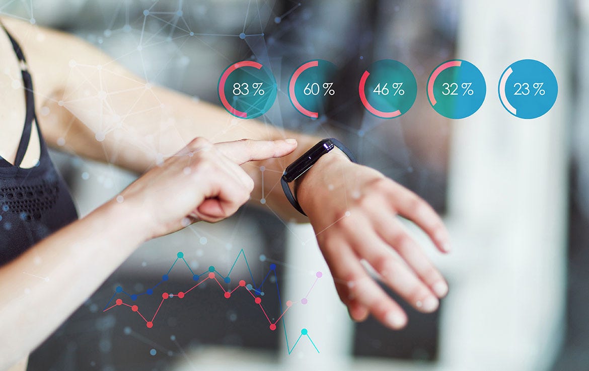woman touching smart watch with ghosted percentage and bar chart graphics