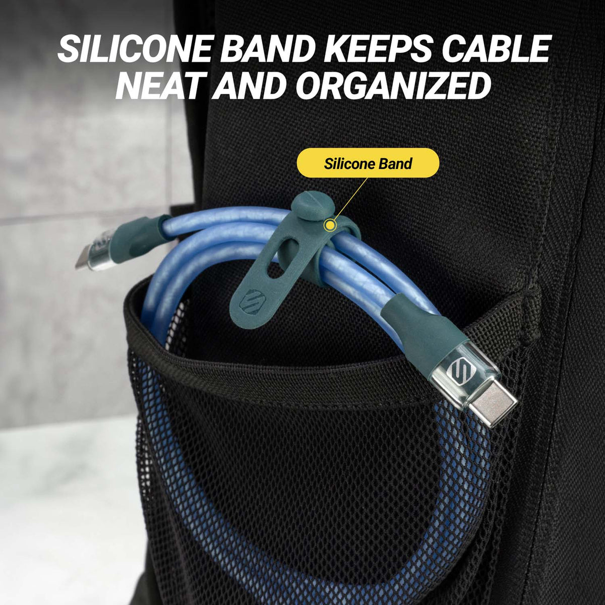 Silicone band keeps cable neat and organized