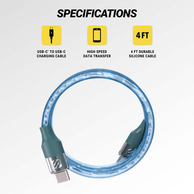 Specifications. USB-C to USB-C charging cable. High speed data transfer. 4 Ft durable silicone cable