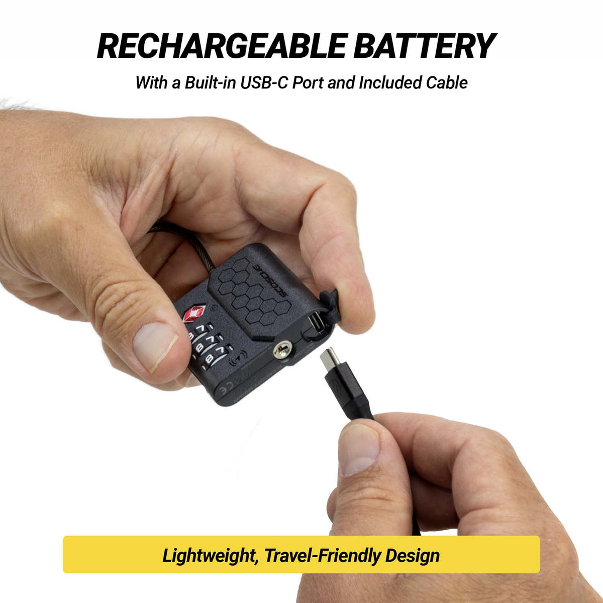 Rechargeable battery with a built in USB-C port and included cable. Lightweight travel-friendly design,