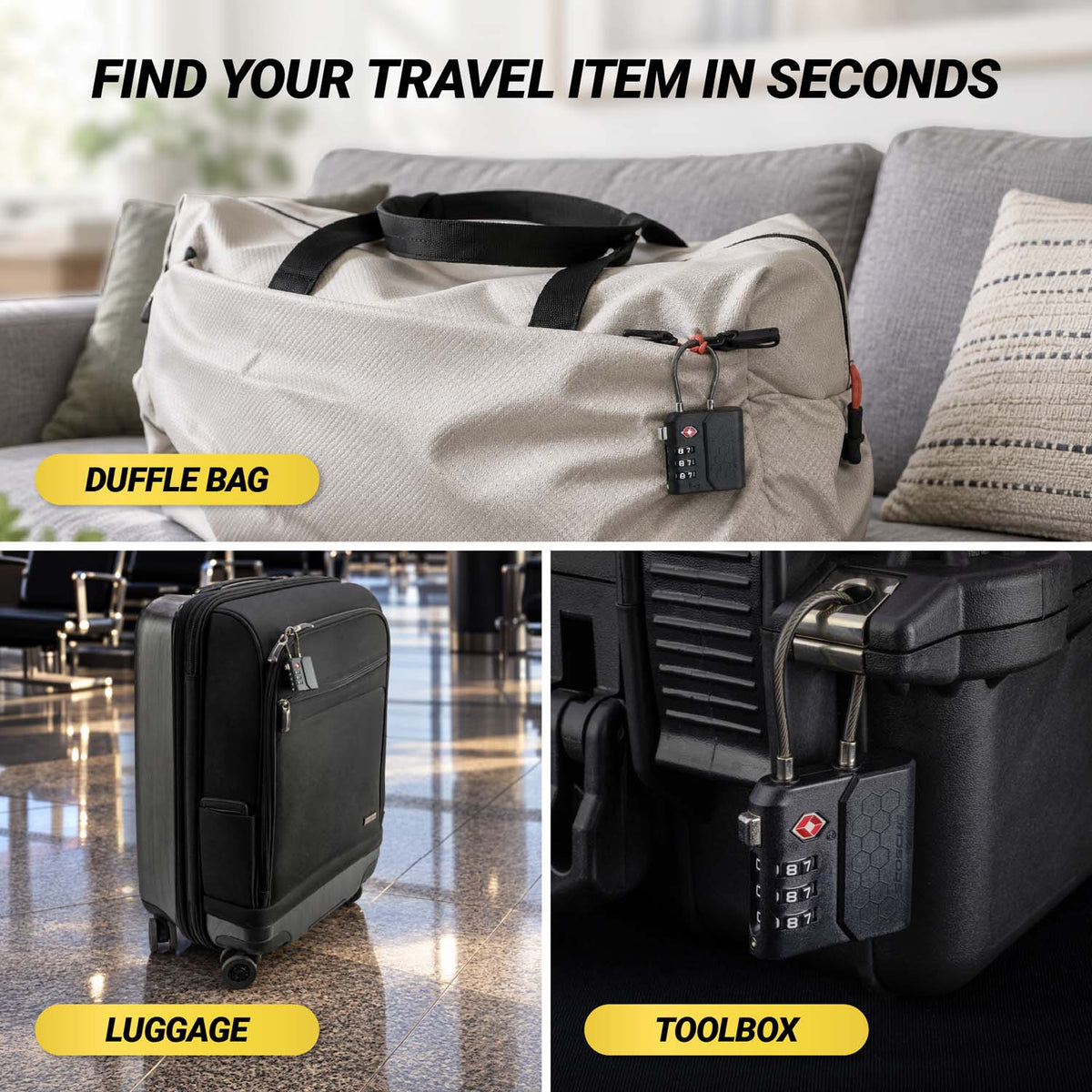 Find you travel item in seconds - duffel bag lugage, toolbox