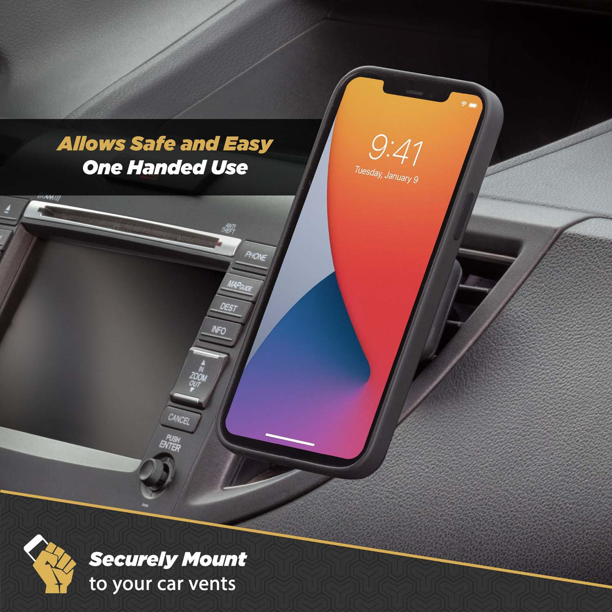 Allows safe and easy one handed use. SEcurely mount to your car vents