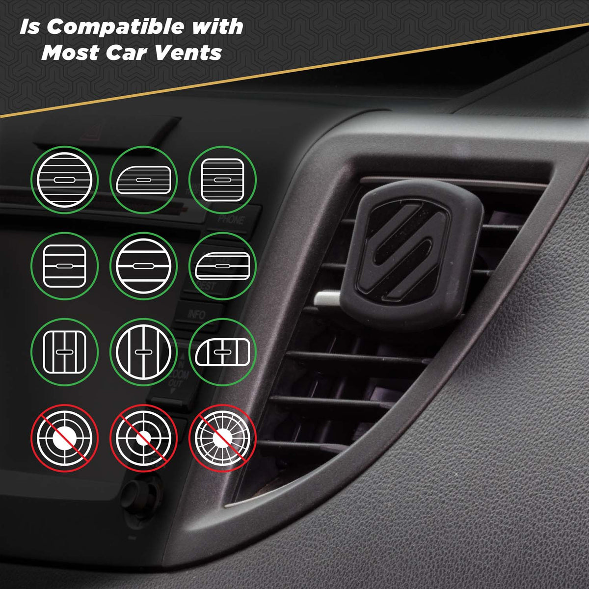 Compatible with most vertical or horizontal car vents, but not circular