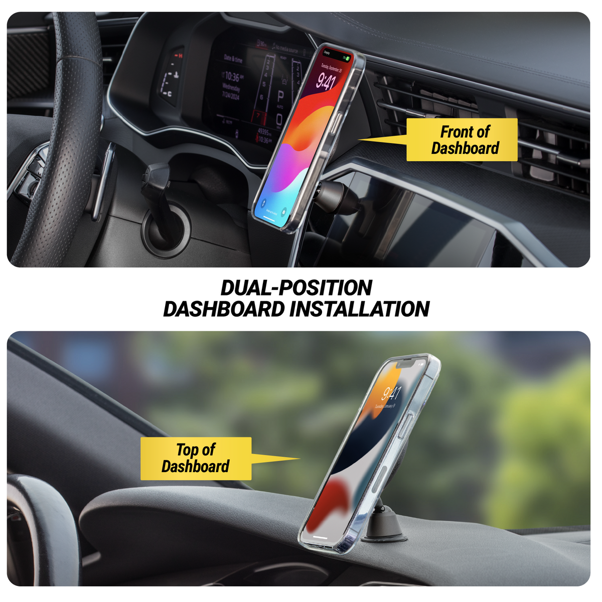 Dual-position dashboard installation - front of dashboard or top of dashboard