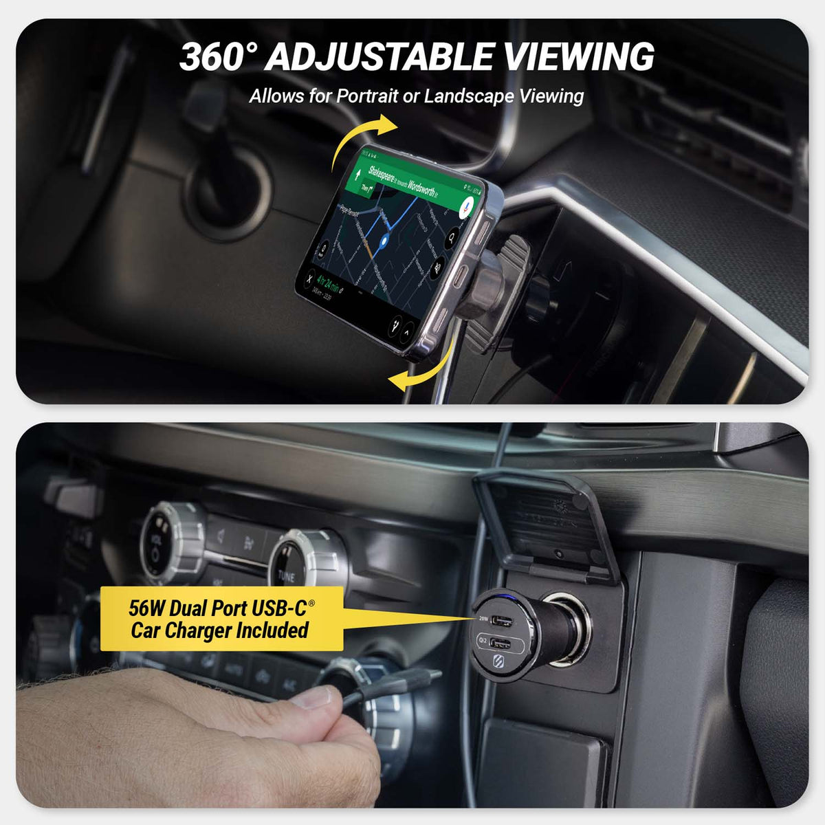 360 degree adjustable viewing allows for portrait or landscape viewing. 56W dual port USB-C car charger included.