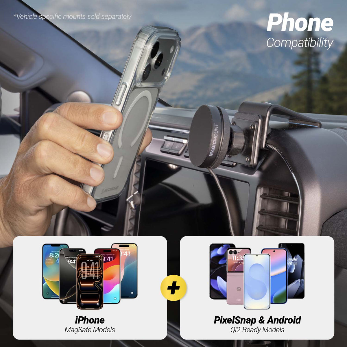 Phone compatibility - iPhone MagSafe Phones, PixelSnap and Android Qi-2 ready models.