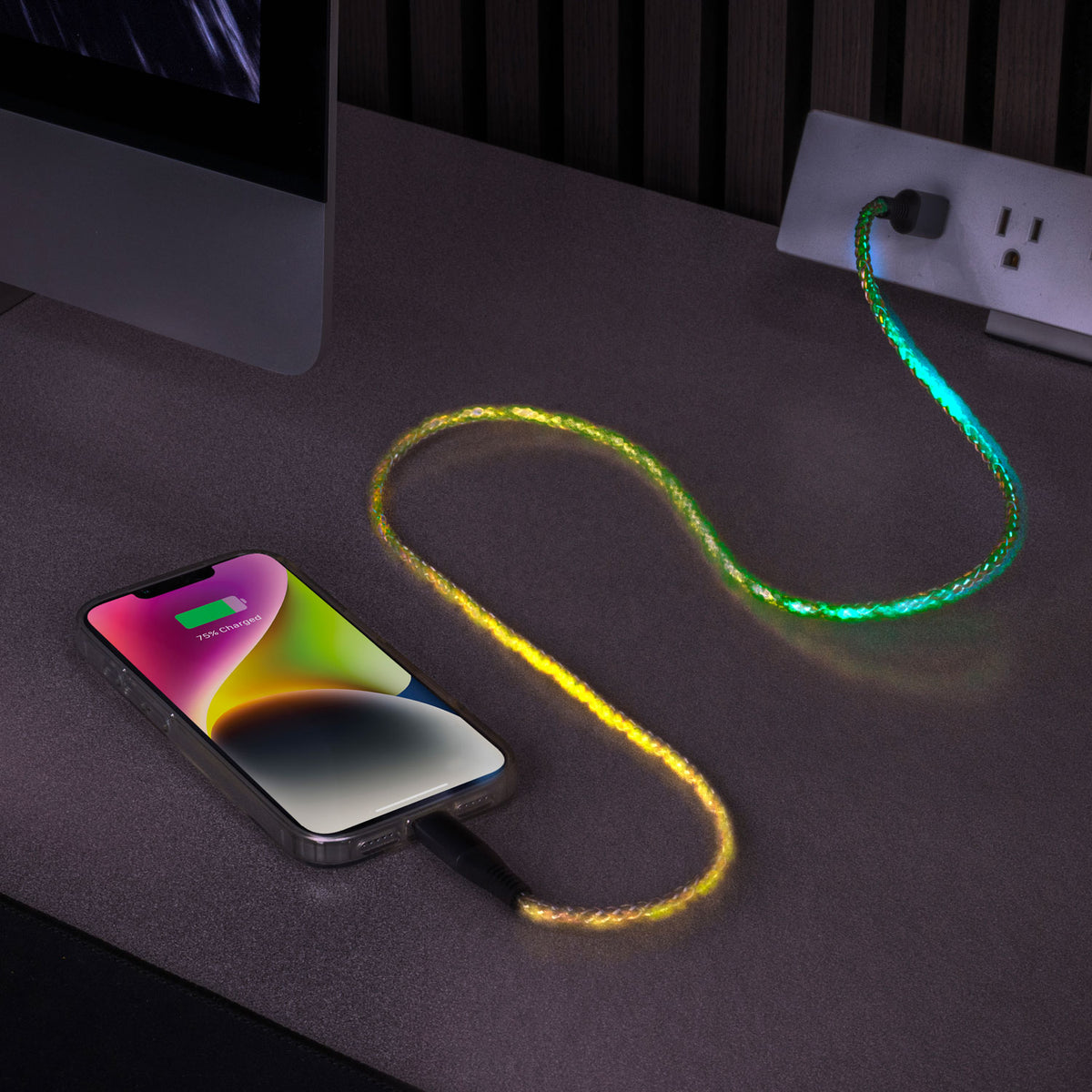 Phone plugged in and multi-color light-up cable