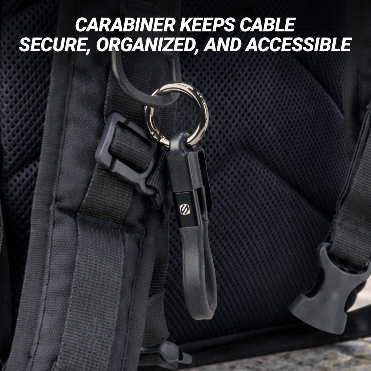 Carabiner keeps cable secure, organized and accessorible