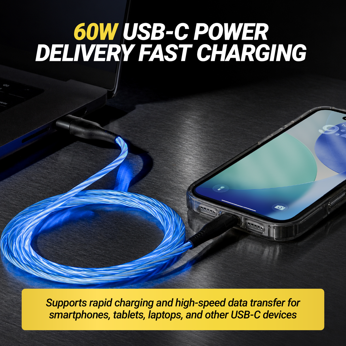 60W USB-C Power Delivery Fast Charging. Supports rapid charging and high-speed data transfer for smartphones, tablets, laptops and other USB-C devices.