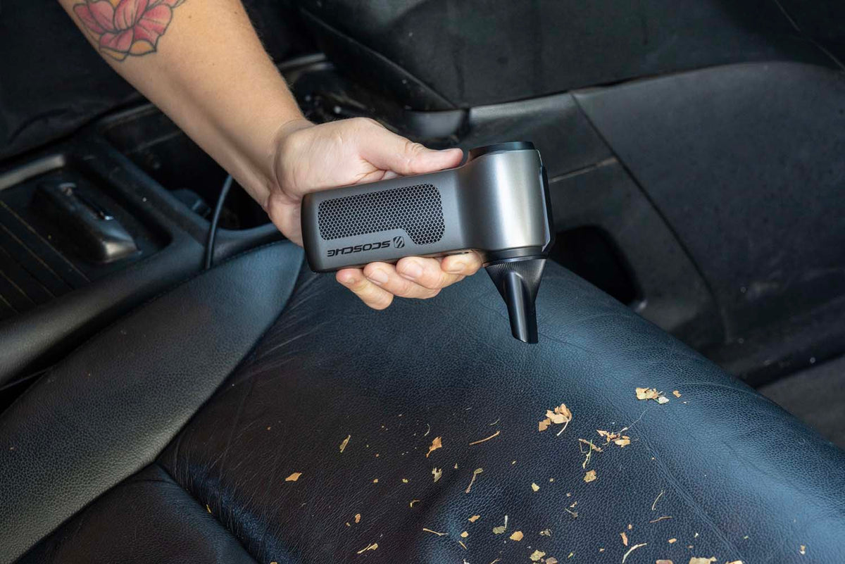 duster cleaning off leaves on car seat